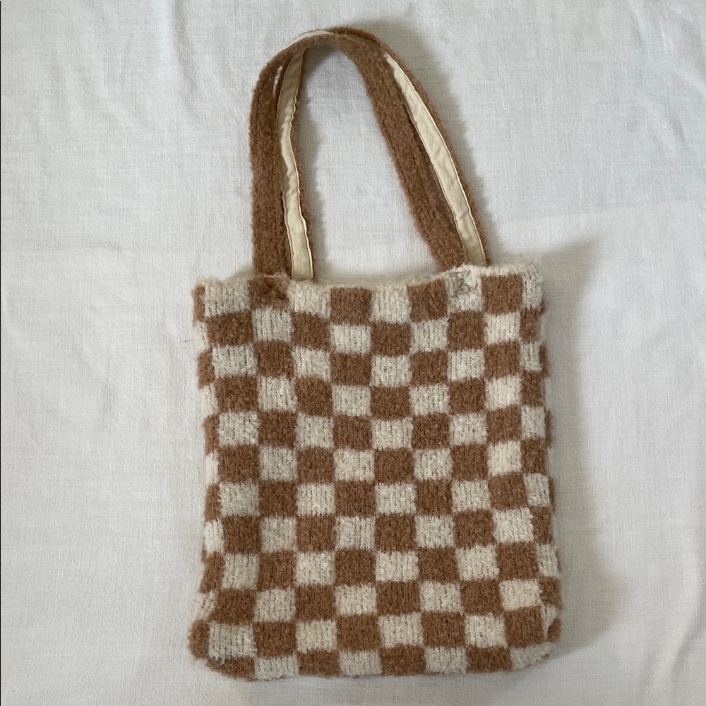 Free People Brown and Cream Checkered Tote Bag